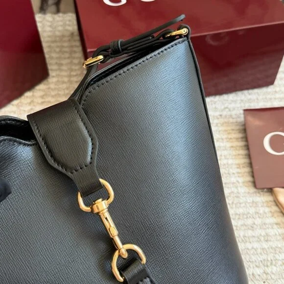 Gucci Black Leather Mini Bucket Bag Web Stripe Shoulder Strap + Box - Picture 7 of 8